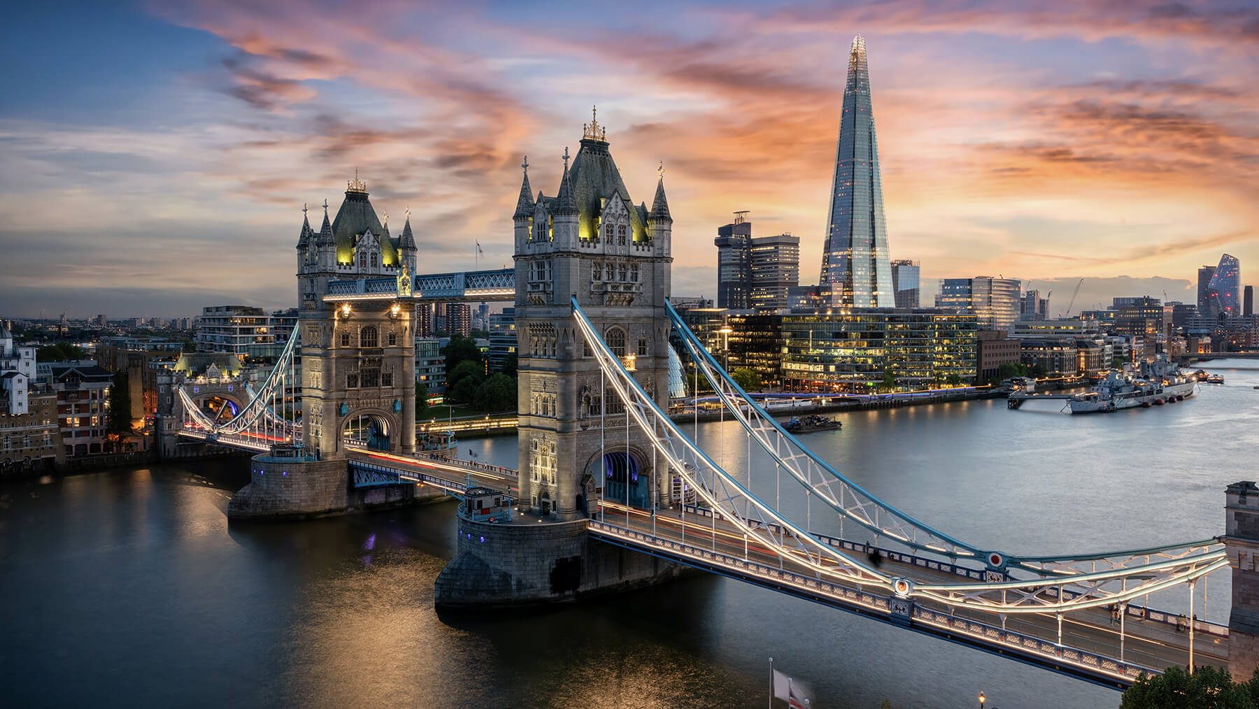 Tower Bridge and surrounding cityscape in London, United Kingdom